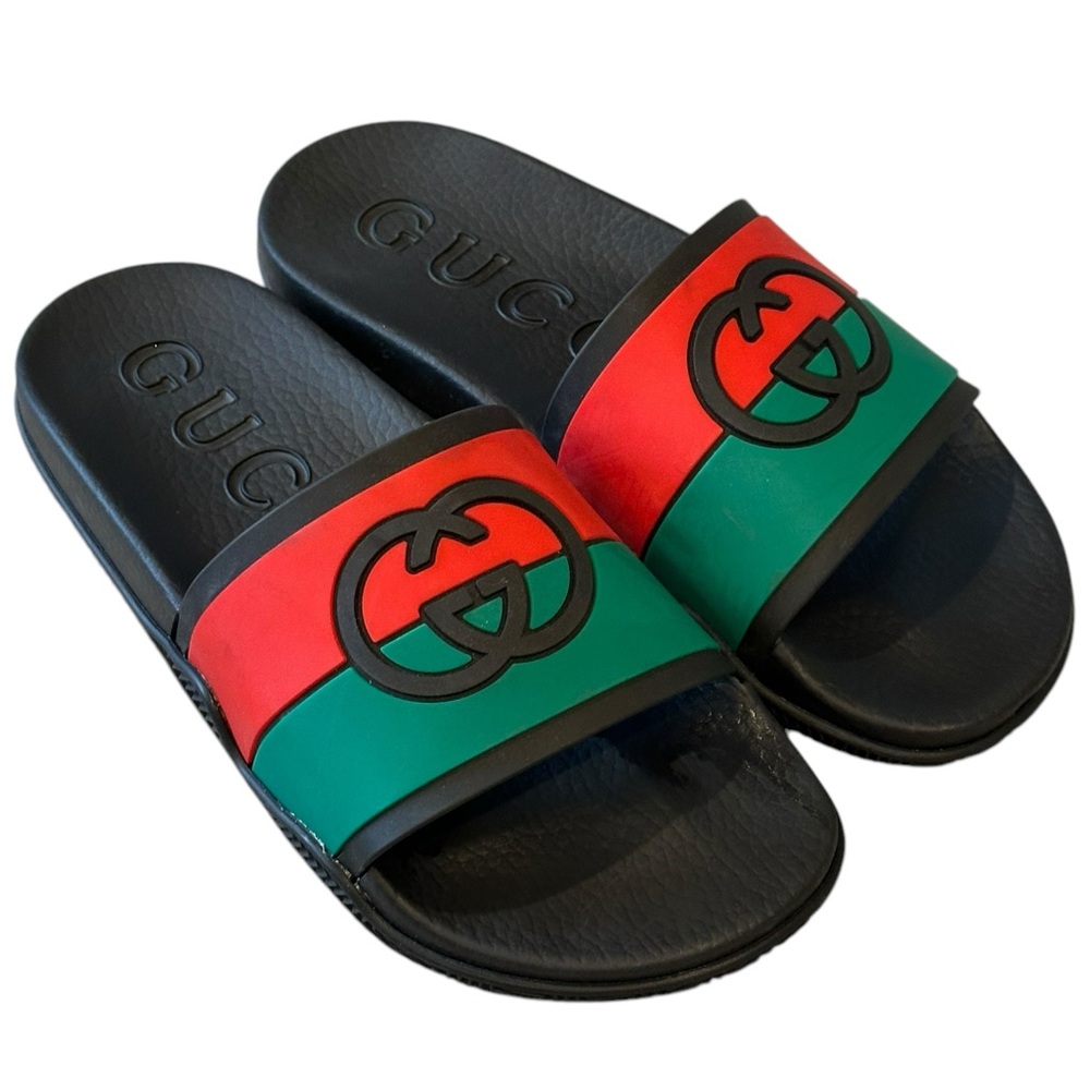 Gucci Signature Classic Stripe Rubber GG Logo Interlock Slides Sandals NWT 40